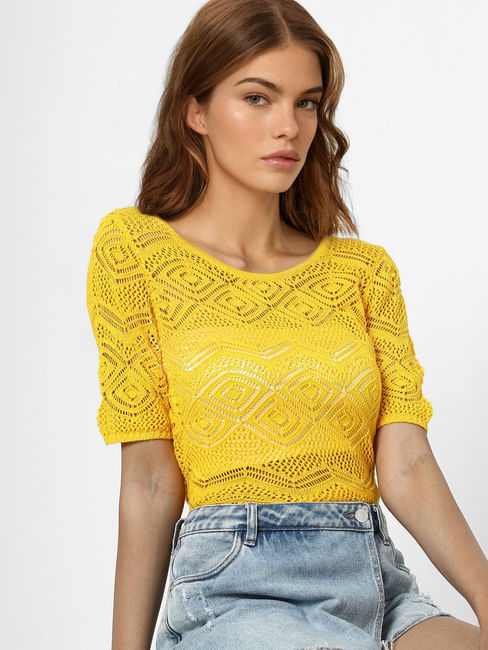 Yellow Crochet Knit Top