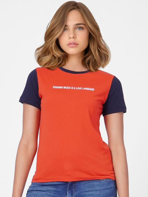 Orange Slogan Print T-shirt