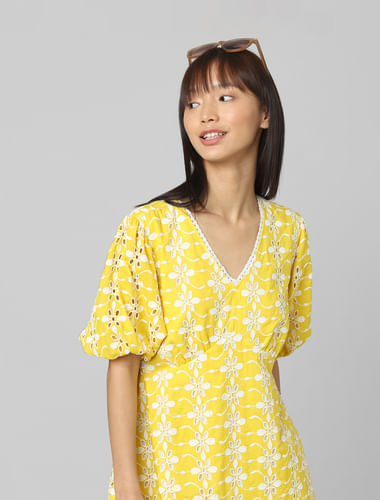 Yellow Cut-Work Embroidery Dress