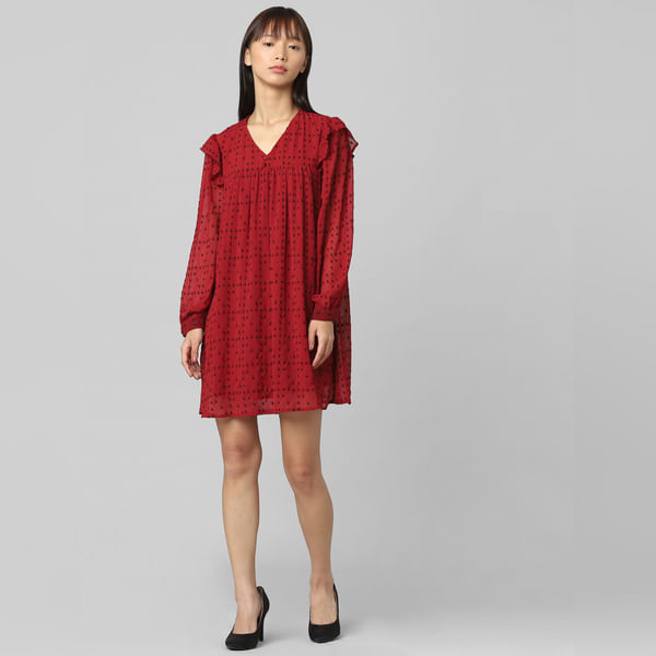 BESTSELLER CLOTHING Red Printed Chiffon Dobby Dress