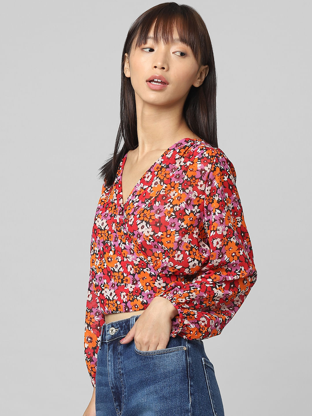 Women's red floral hotsell blouse