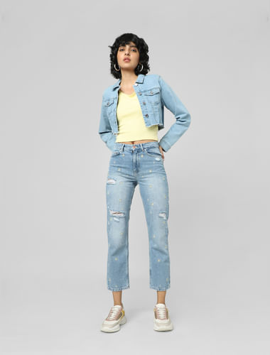 Blue High Rise Embroidered Straight Fit Jeans