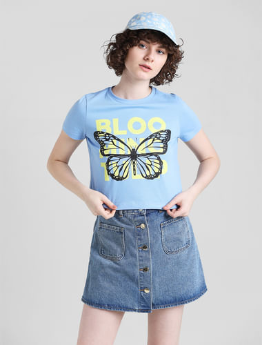Blue Printed Cropped T-shirt