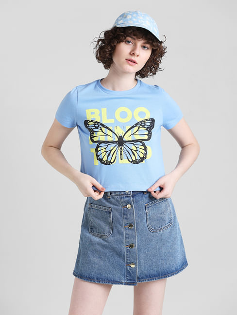 Blue Printed Cropped T-shirt