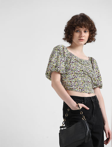 Yellow Floral Print Cropped Top