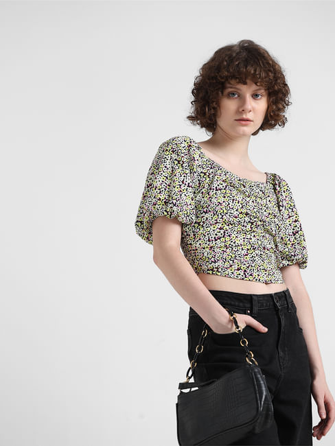 Yellow Floral Print Cropped Top