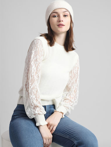 White Lace Sleeves Pullover