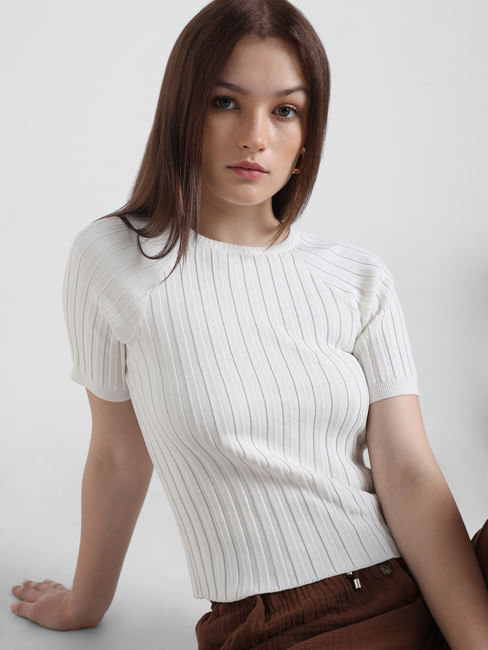White Ribbed Fitted Pullover