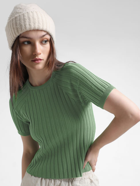 Green Ribbed Fitted Pullover