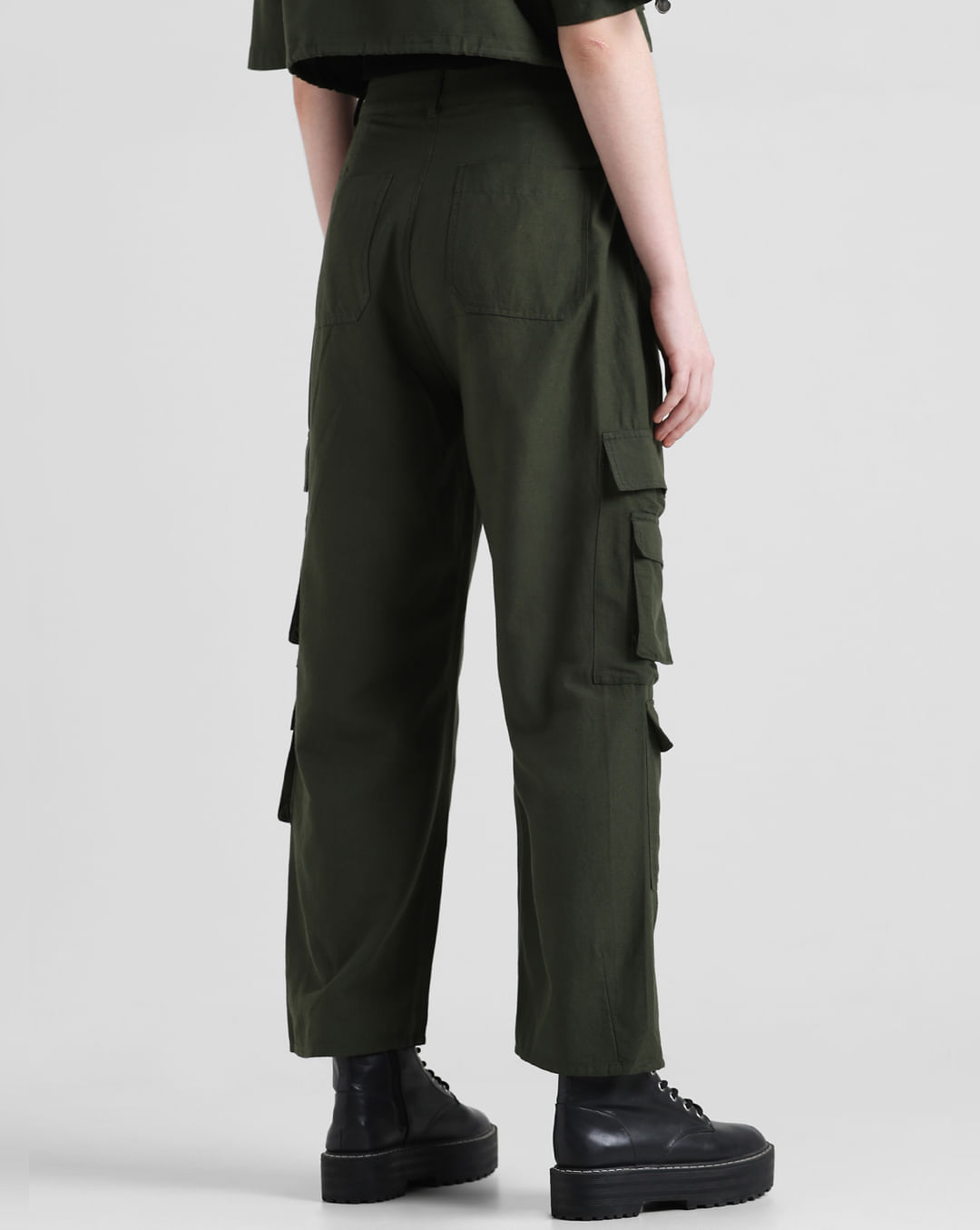 Dark Green High Rise Cargo Pants|298321801-Kombu-Green