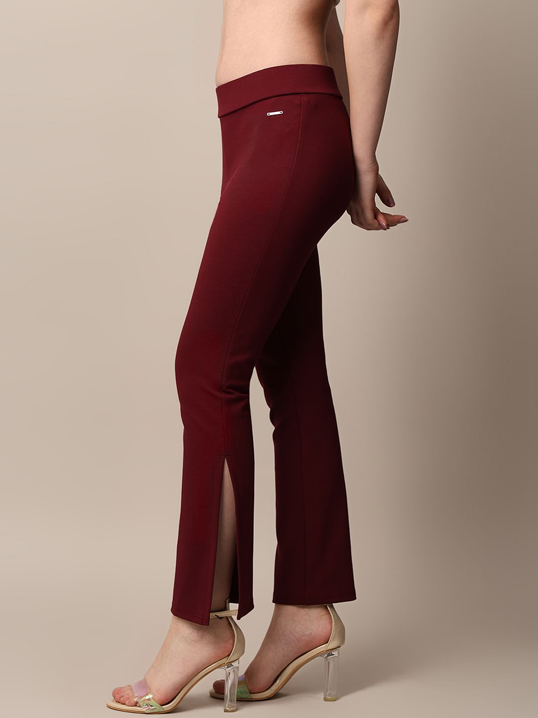 Maroon High Rise Flared Slit Hem Leggings