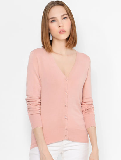 Pink V Neck Button Down Cardigan
