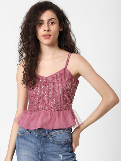 Pink Sequined Mesh Detail Top