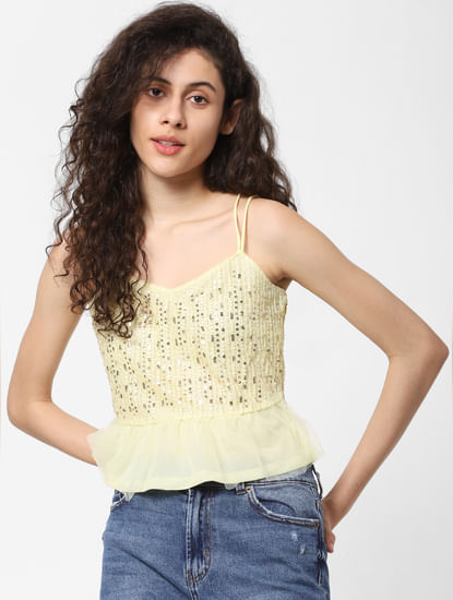 Light Yellow Sequined Mesh Detail Top