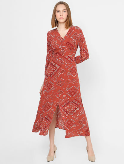 Red All Over Print Midi Dress