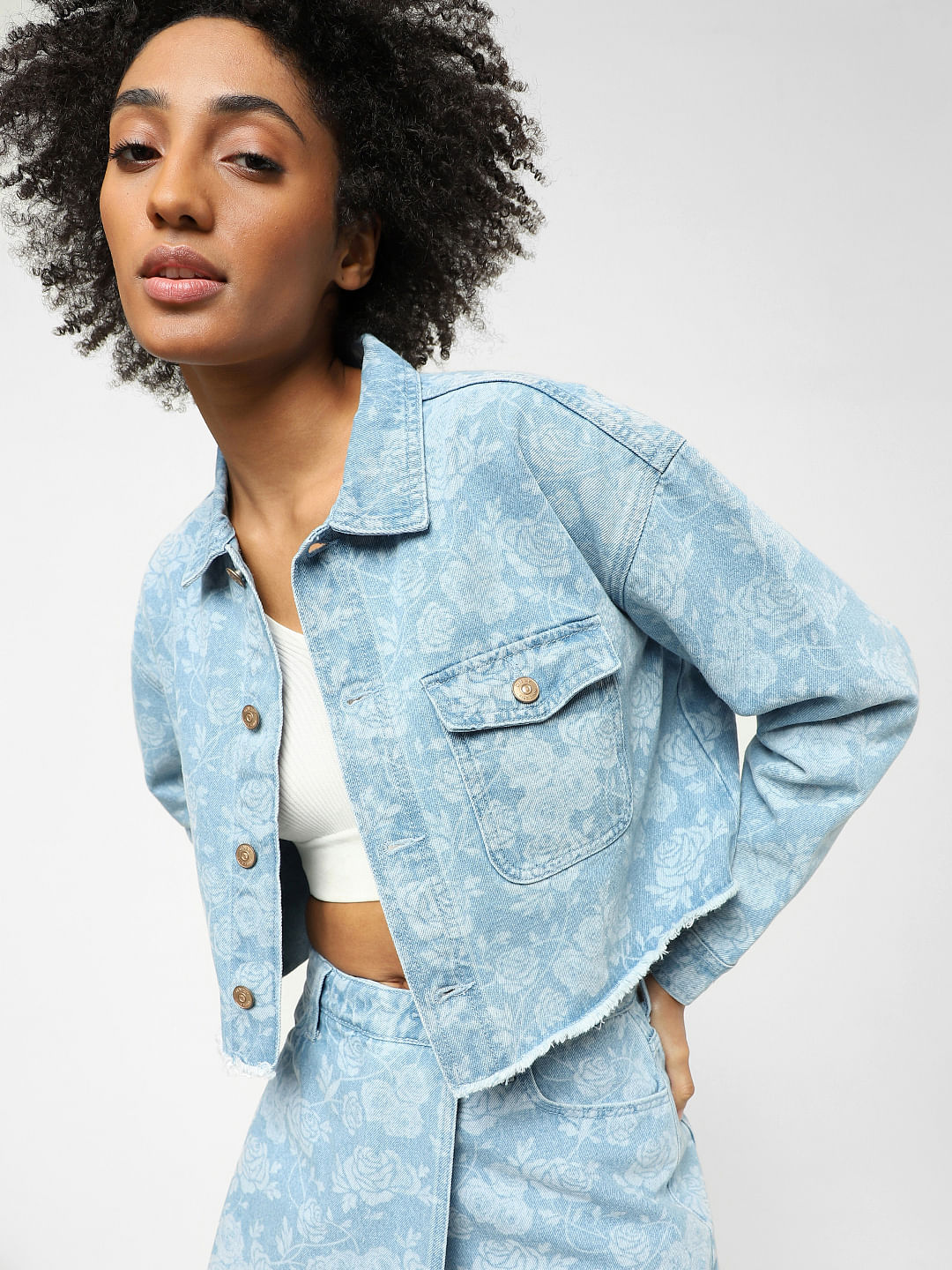 Blue Floral Denim Co ord Jacket