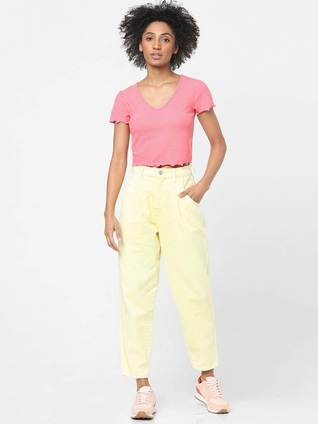 High Waist Belted Paperbag Trousers in Yellow - ShopperBoard