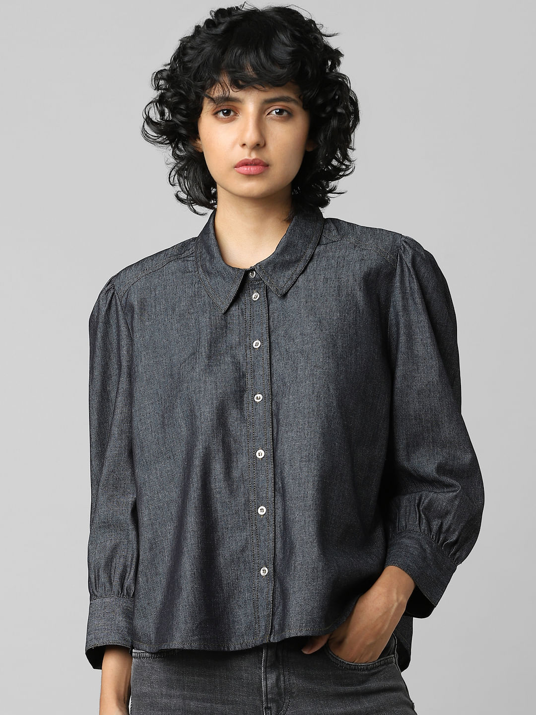 Amazon.com: Women's Denim Shirt Puff Sleeve Elegant Pockets Turn-Down  Collar Solid Color Denim Top : Clothing, Shoes & Jewelry