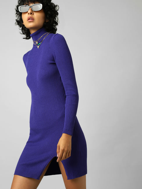 Blue Knitted Rollneck Bodycon Dress