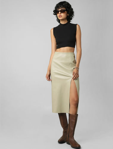 Light Beige High Rise Faux Leather Skirt