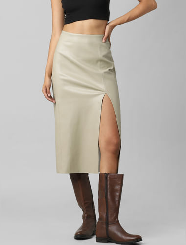Light Beige High Rise Faux Leather Skirt