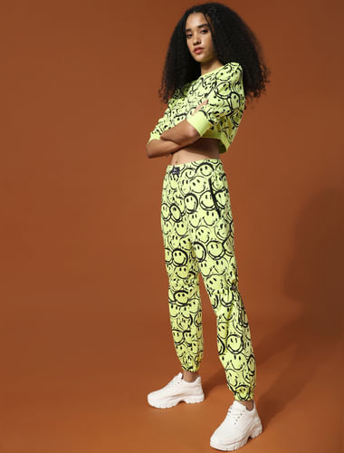Only X Smiley   Green High Rise Printed Co-ord Sweatpants