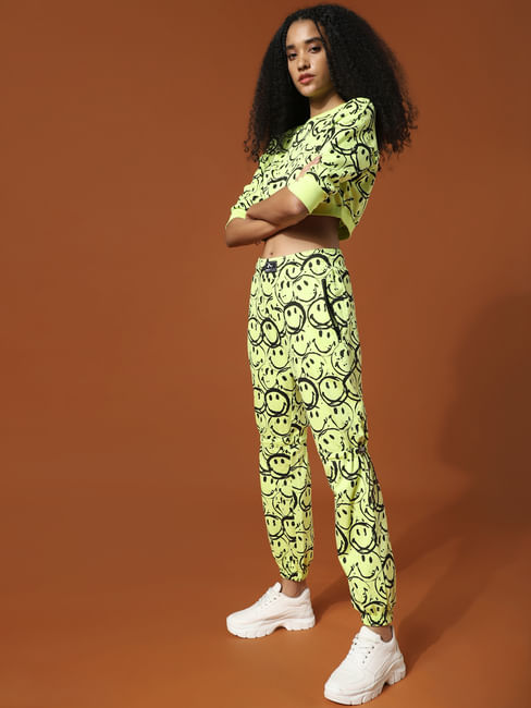Only X Smiley® Green High Rise Printed Co-ord Sweatpants