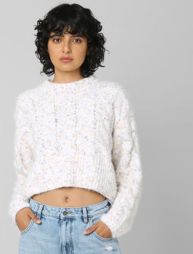 White Cropped Cable Knit Pullover