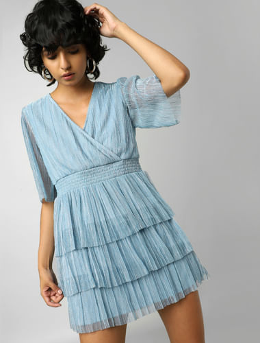 Blue Pleated Mini Dress