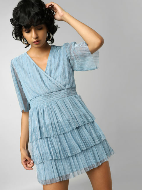 Blue Pleated Mini Dress