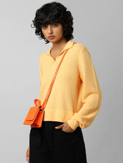 Orange Structured-Knit Pullover