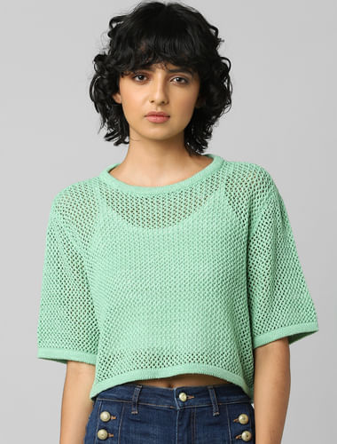 Green Hole-Knit Pullover