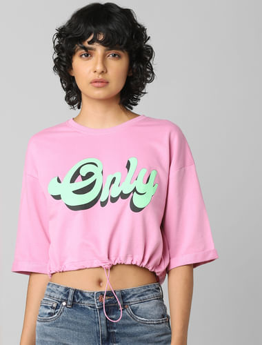 Pink Logo Print Cropped Sweatshirt