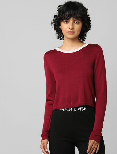 Maroon Contrast Tipping Pullover