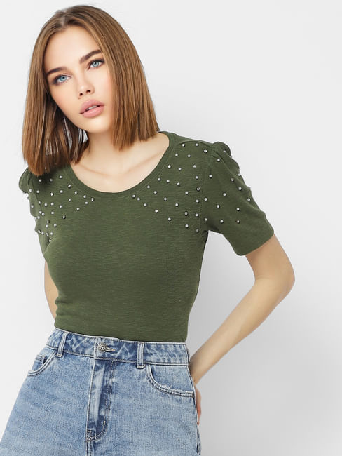 Green Embellished Puff Sleeves Top