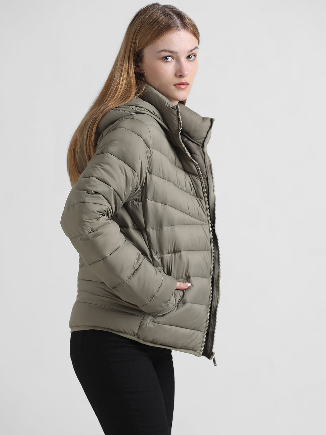 Olive Zip-Up Fitted Puffer Jacket