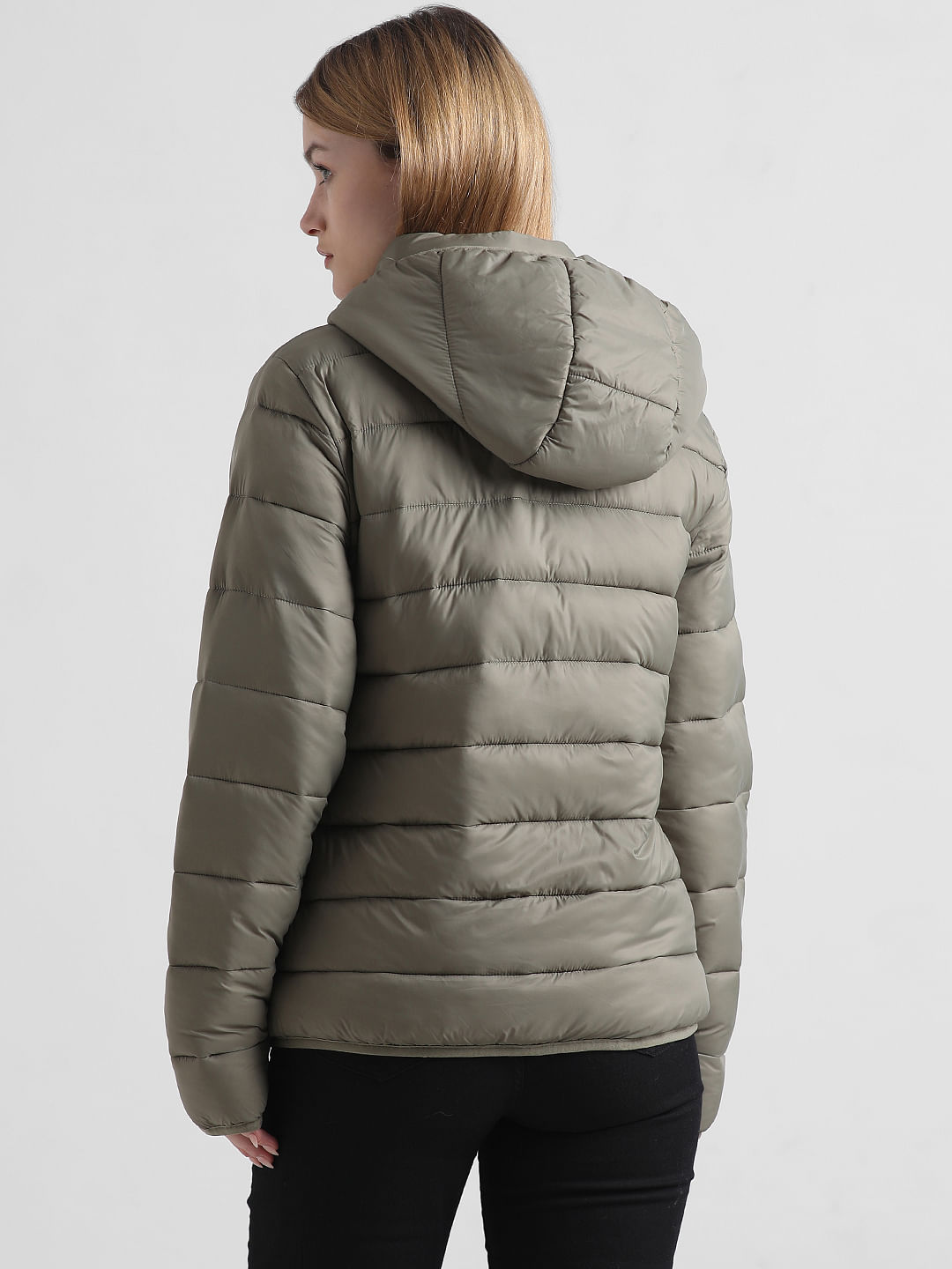 Olive Zip-Up Fitted Puffer Jacket|113261802-Mermaid