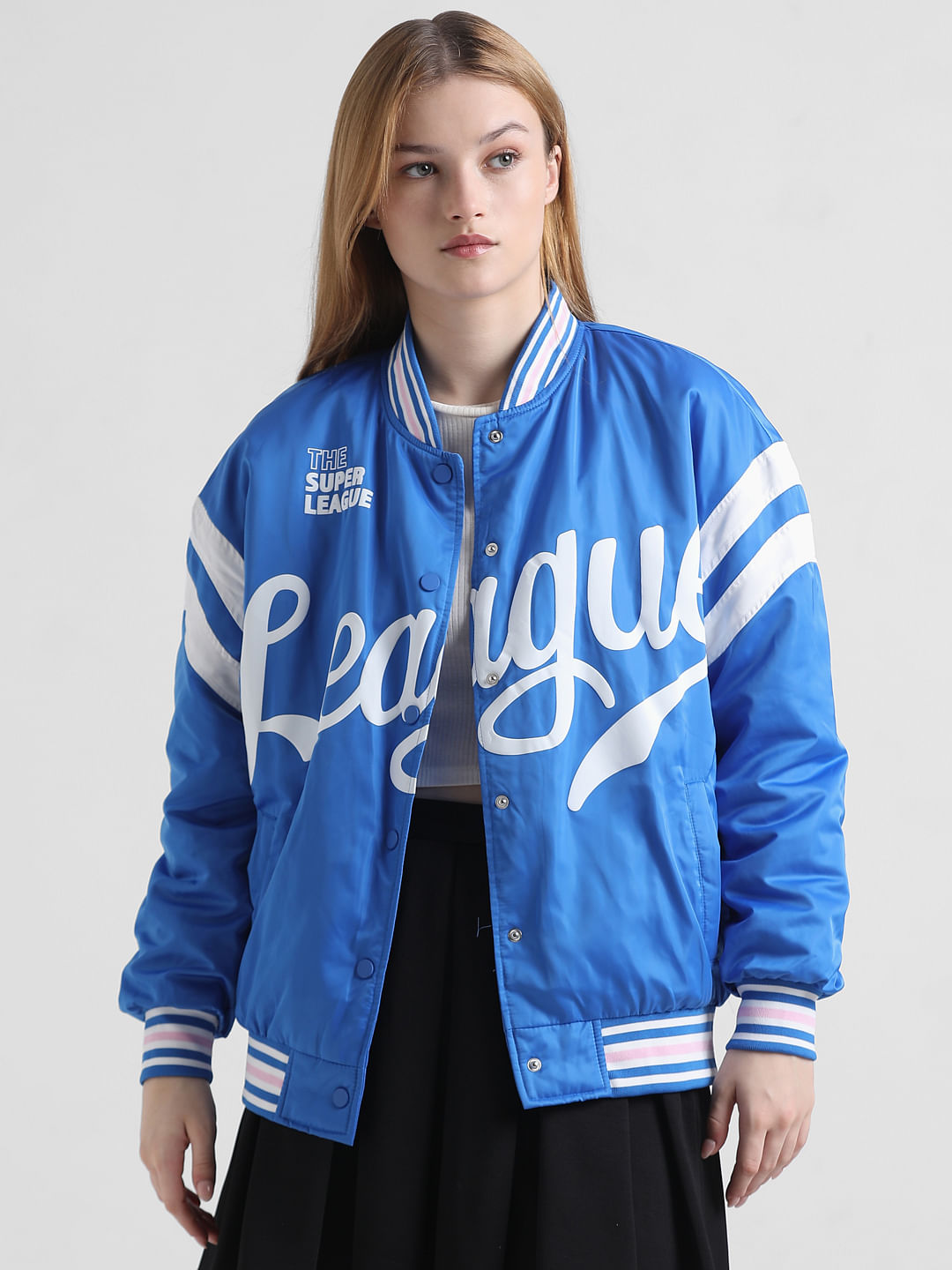 Blue varsity bomber outlet jacket