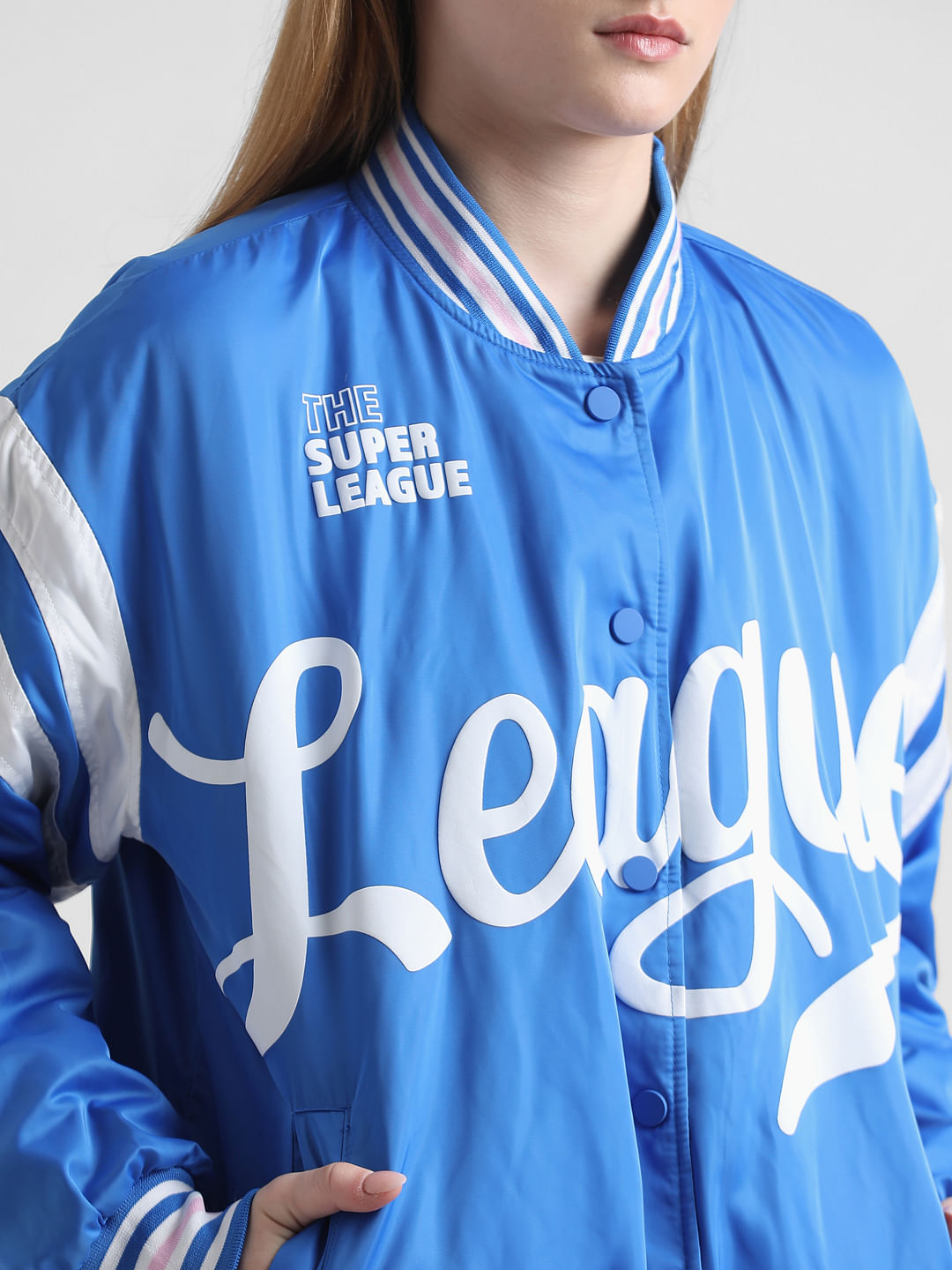 Blue Typographic Varsity Bomber Jacket|113262001-Super-Sonic