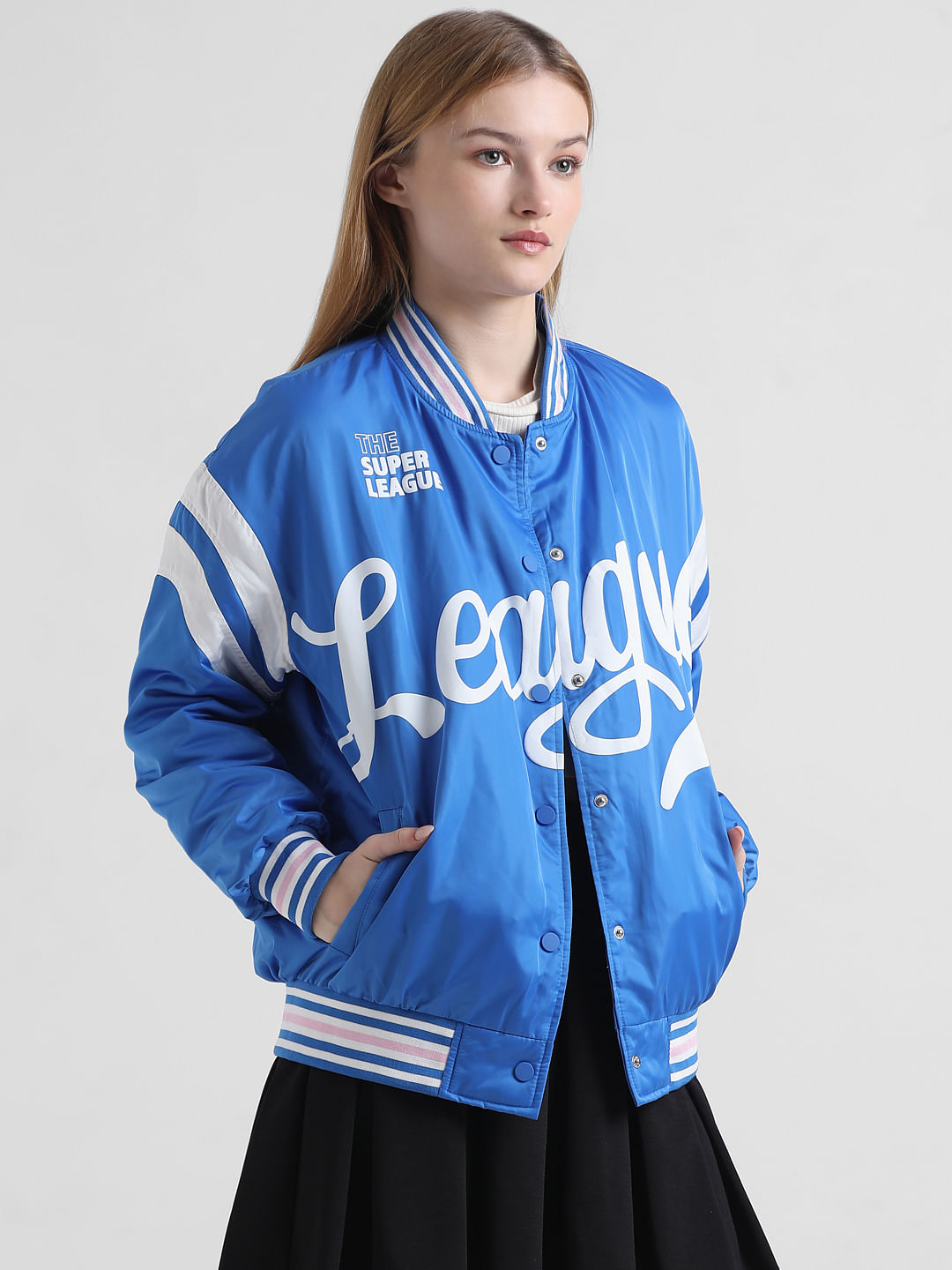 Blue Typographic Varsity Bomber Jacket