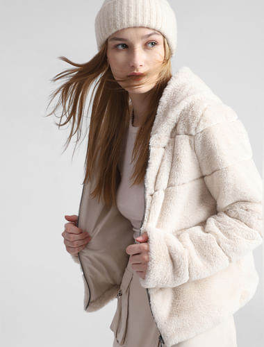 Beige Faux Fur Hooded Winter Jacket