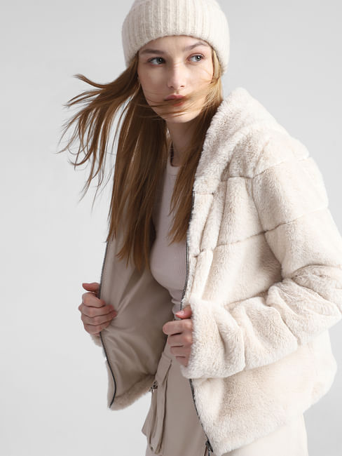 Beige Faux Fur Hooded Winter Jacket