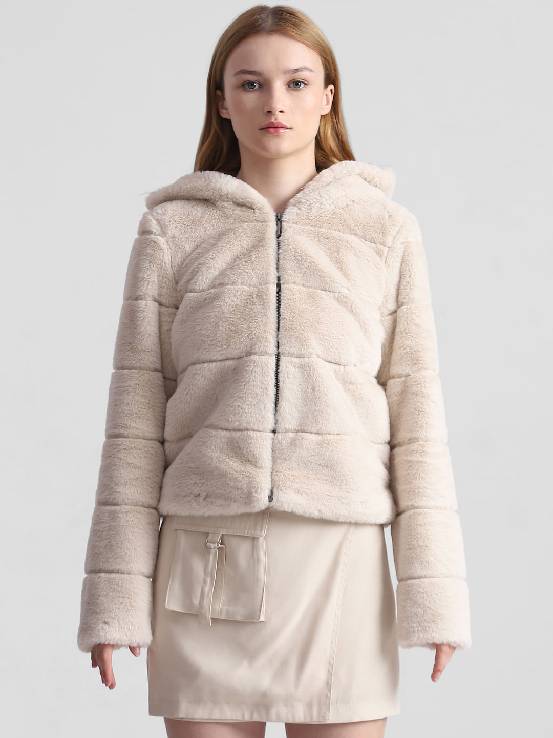 Beige Faux Fur Hooded Winter Jacket|113266101-Moonbeam