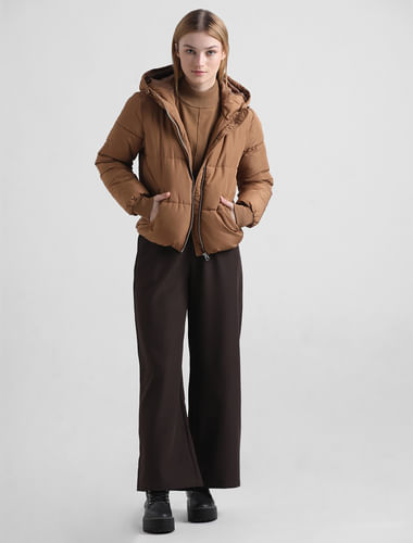 Brown Hooded Short Puffer Jacket