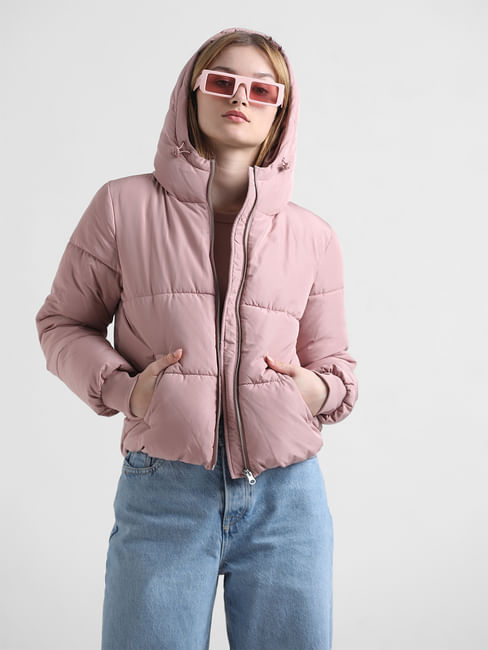 Pink Hooded Short Puffer Jacket