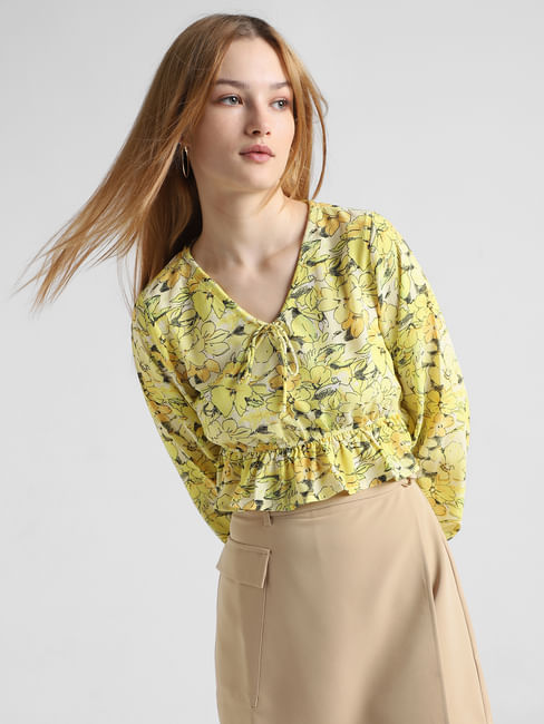 Yellow Floral Peplum Cropped Top