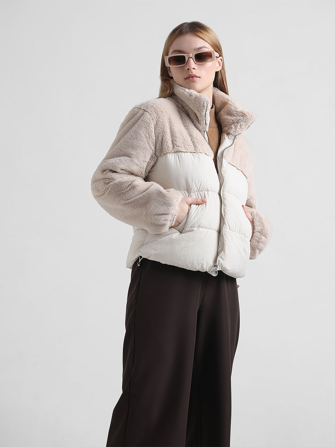 Cropped puffer jacket outlet with faux fur hood