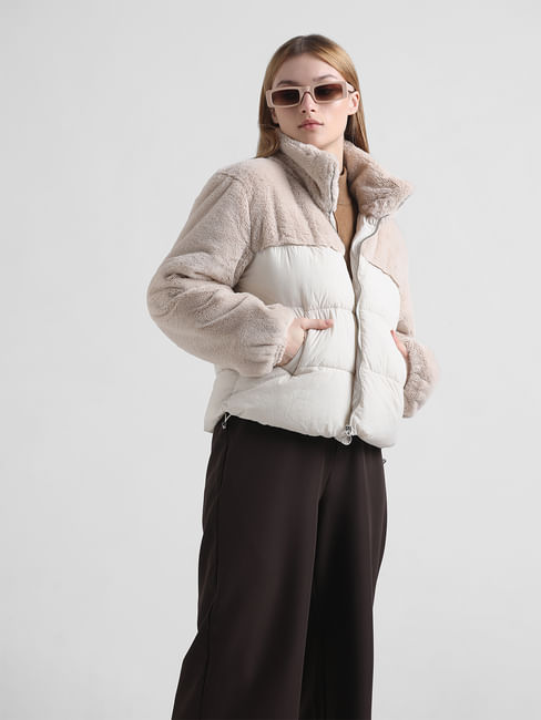 Cream Hooded Fur-Hooded Puffer Jacket