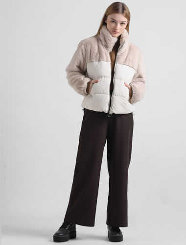 Cream Hooded Fur-Hooded Puffer Jacket