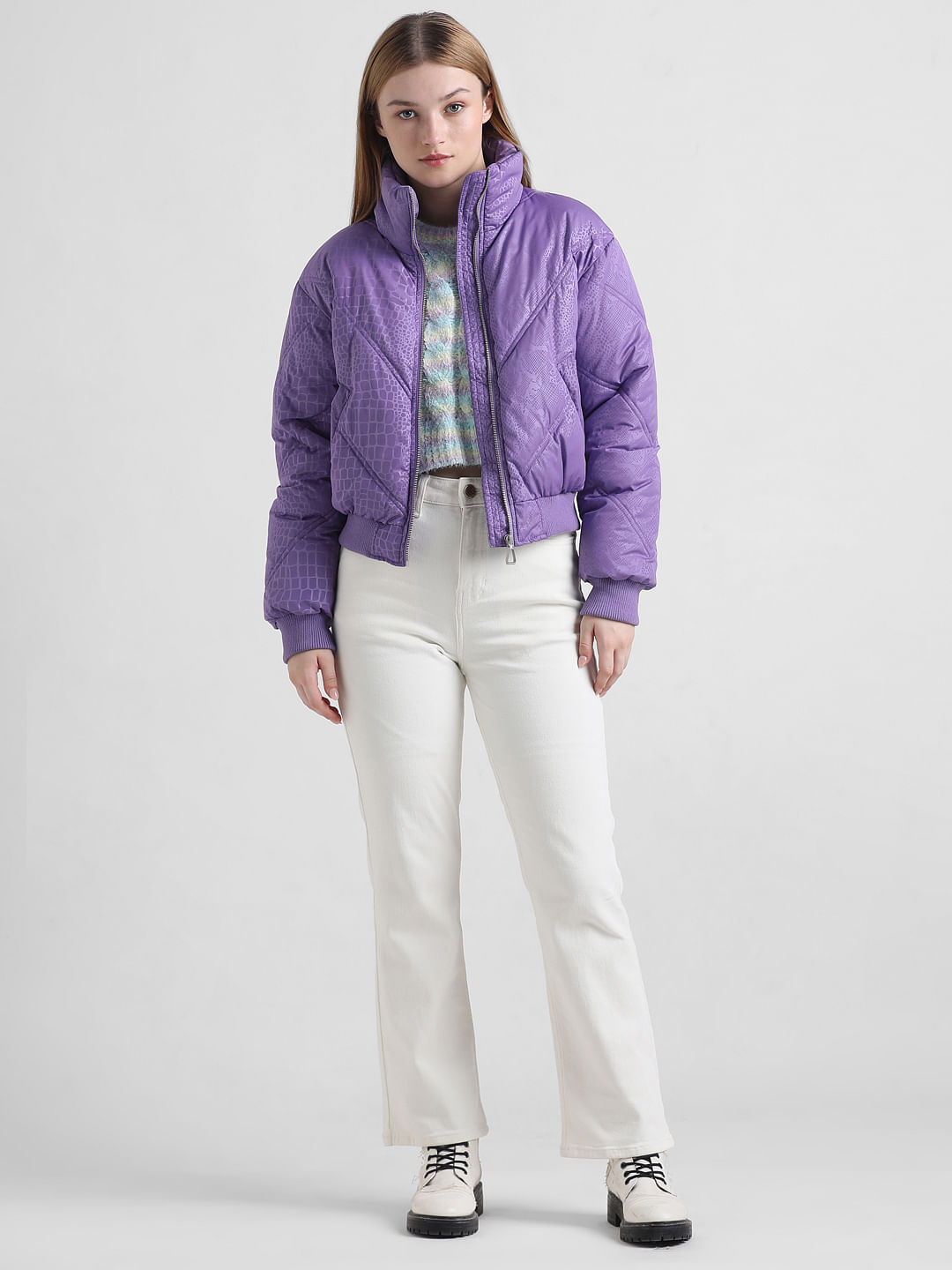 Lavender Printed Short Puffer Jacket